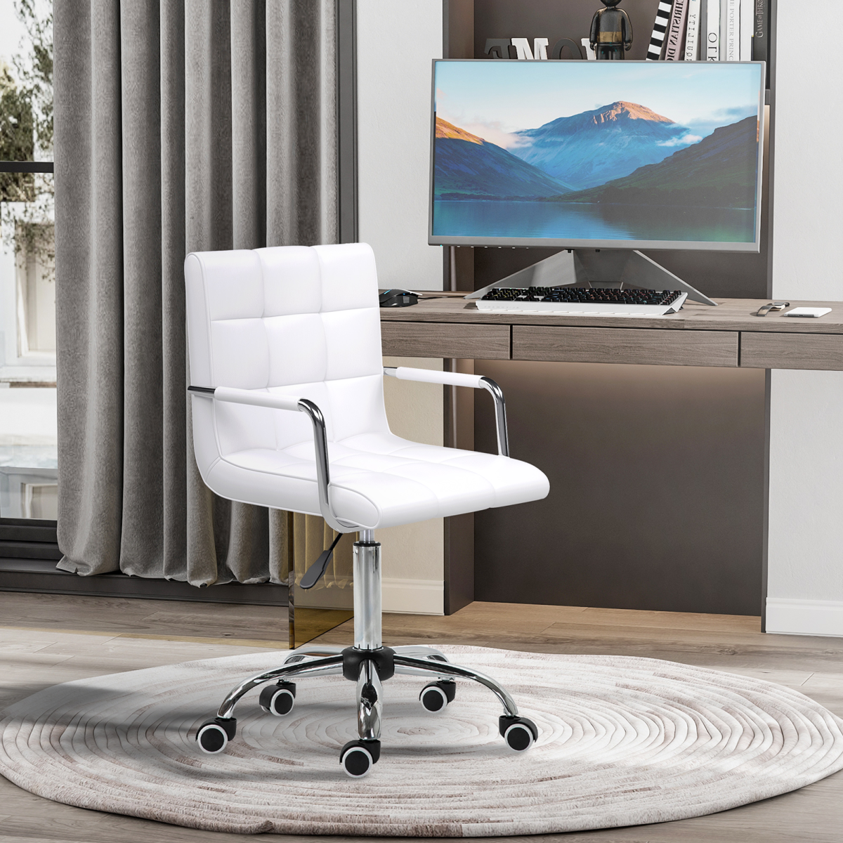 Mid Back PU Leather Home Office Chair Swivel Desk Chair with Arm, Wheel, White