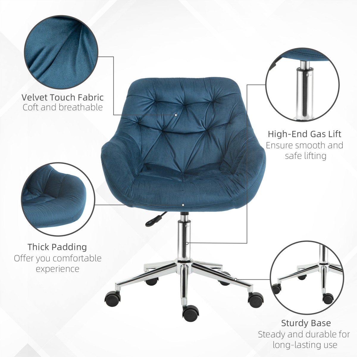 Velvet Home Office Chair Comfy Desk Chair w/ Adjustable Height Armrest Blue