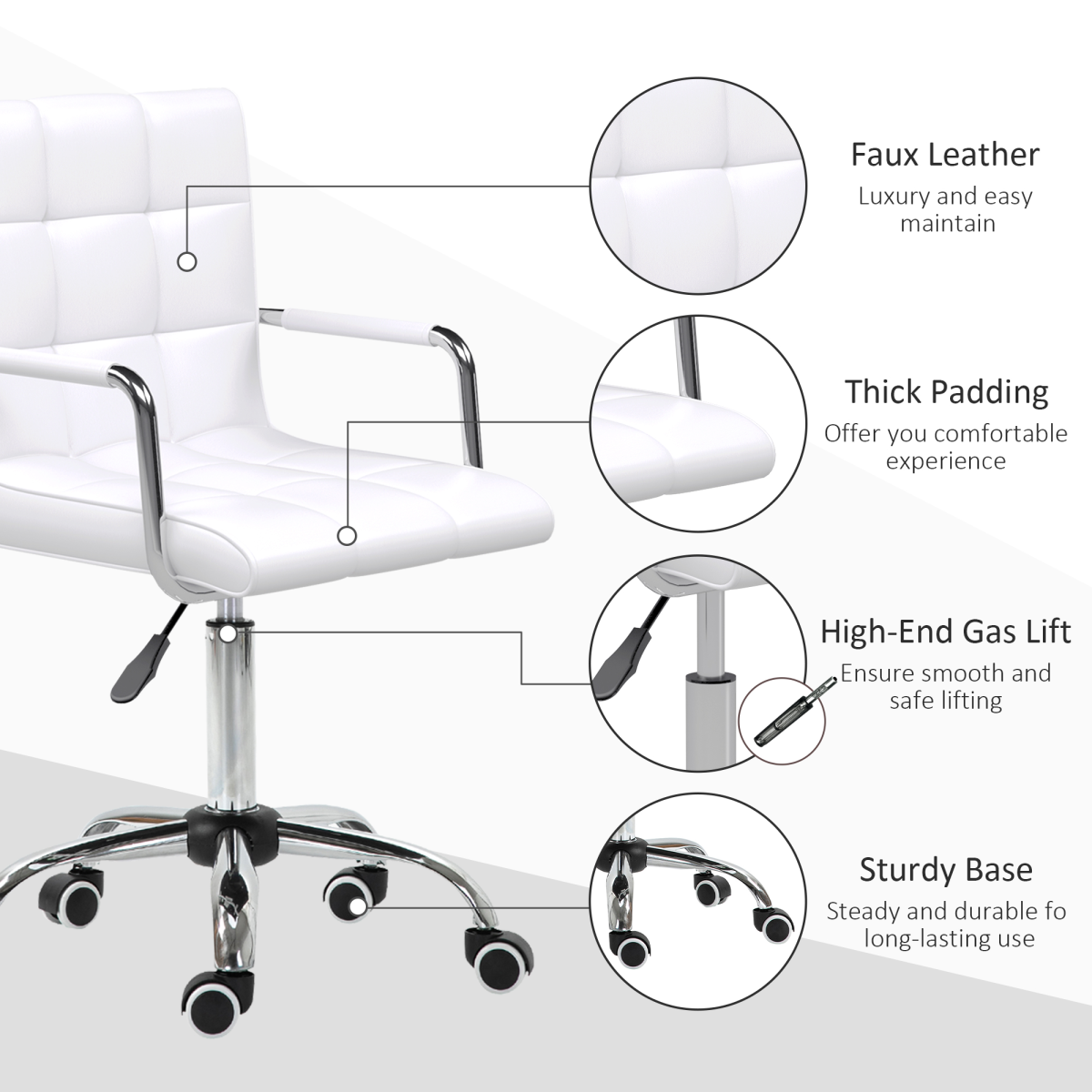 Mid Back PU Leather Home Office Chair Swivel Desk Chair with Arm, Wheel, White